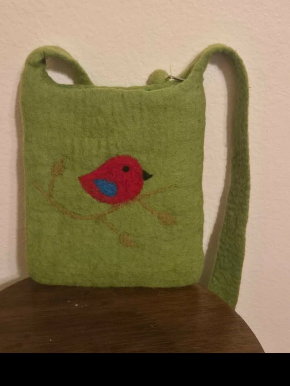 Green Felt Crossbody Bag with Red Bird Design - Pets Bird. BNB Crafts Purse